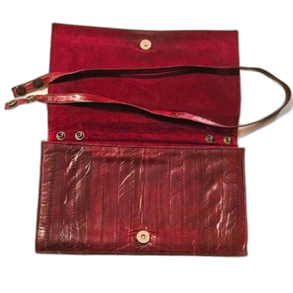 Eel Skin Leather Shoulder Bag Clutch Burgundy Red Wine Maroon Vintage 1960s - Picture 4 of 11